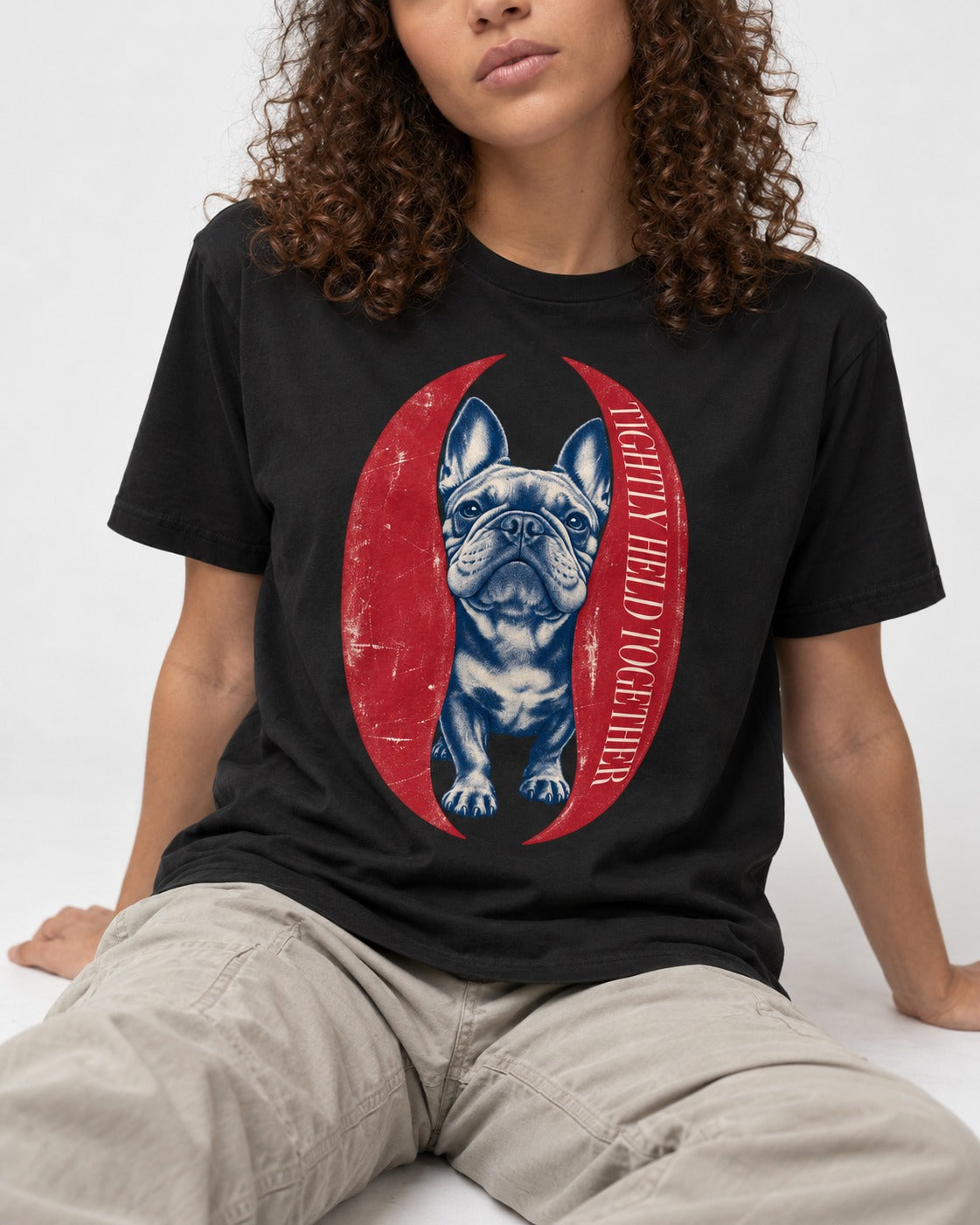 Frenchie Tightly Held Together Red Oval Graphic T-Shirt in Black, worn by a seated model