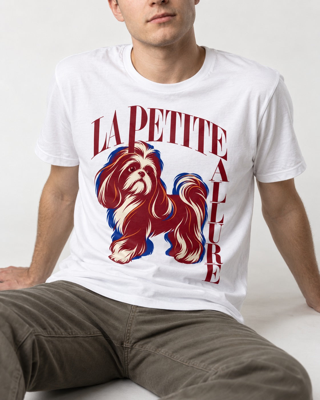 La Petite Allure Shih Tzu T-Shirt in White, worn by a seated model