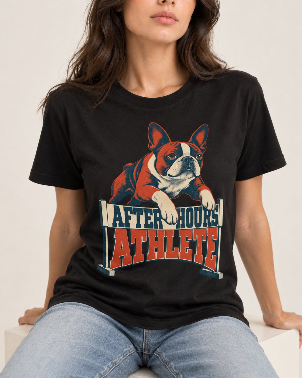 After Hours Athlete Boston Terrier T-Shirt in Black, worn by a seated model