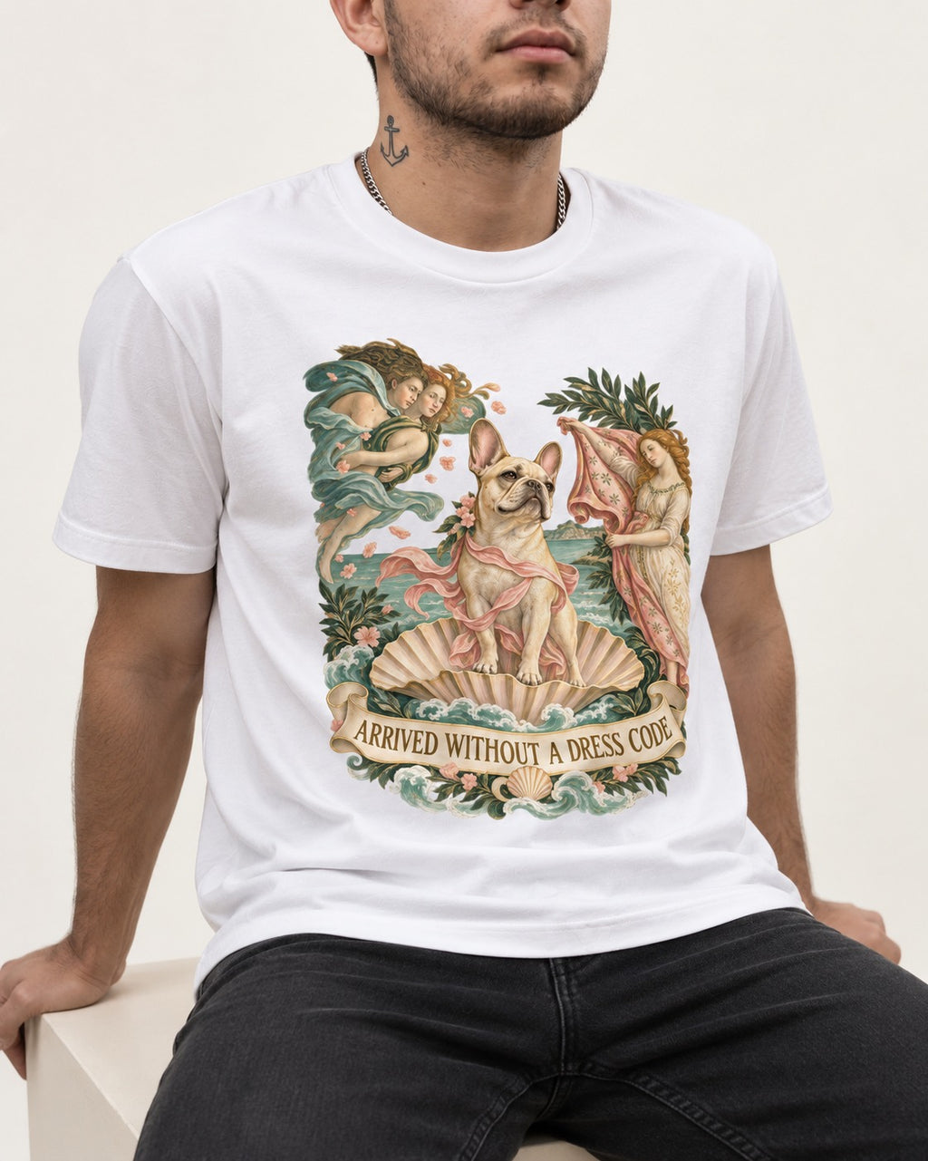 Frenchie Without a Dress Code T-Shirt in White, worn by a seated model