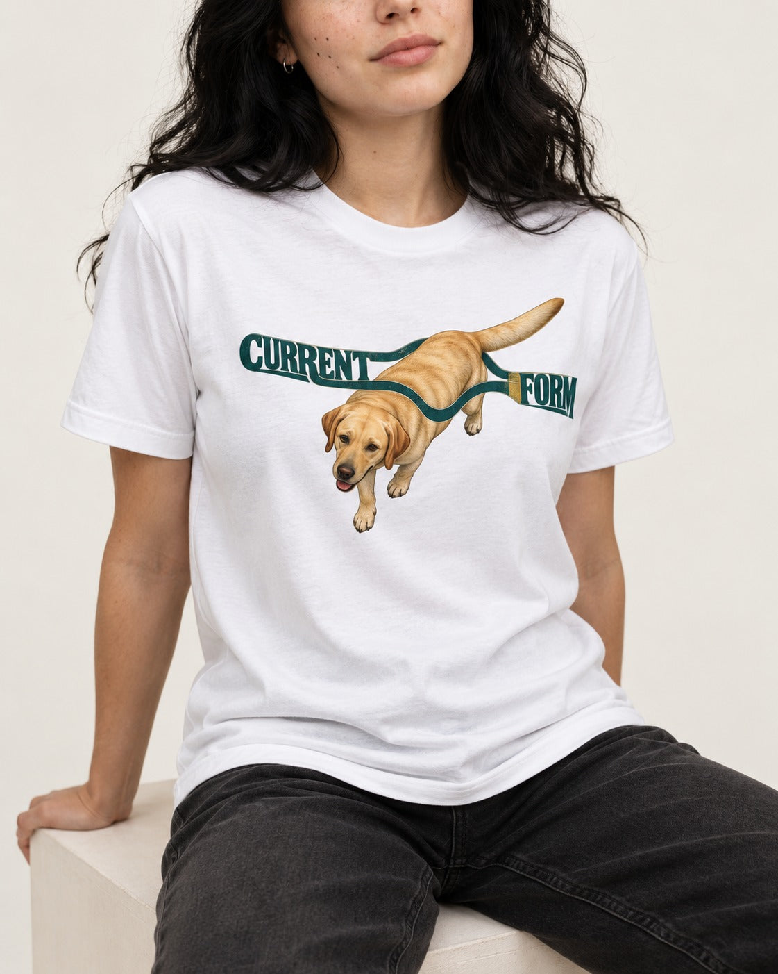 Labrador Retriever Current Form T-Shirt in White, worn by a seated model