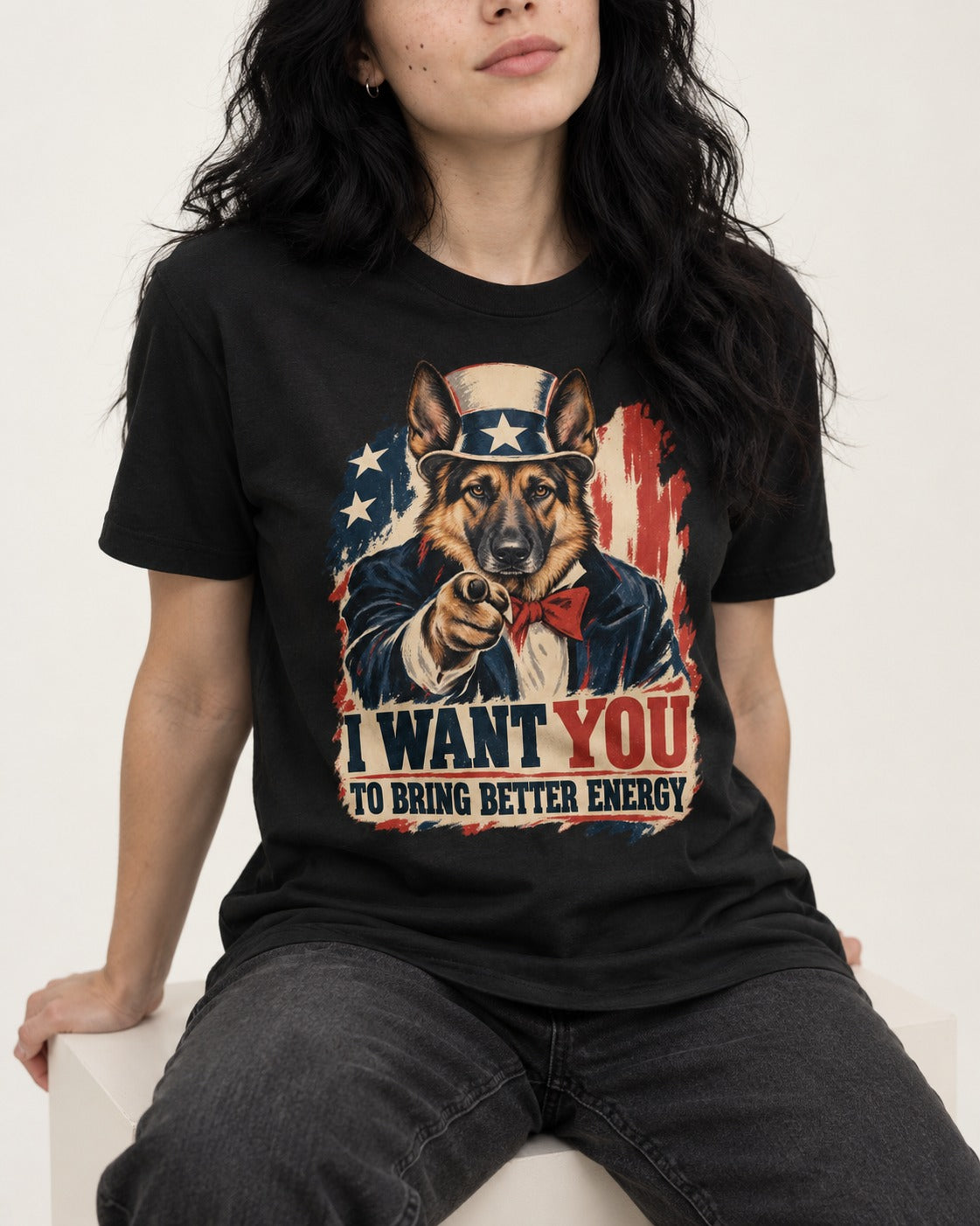 German Shepherd Dog I Want You to Bring Better Energy Poster T-Shirt in Black, worn by a seated model