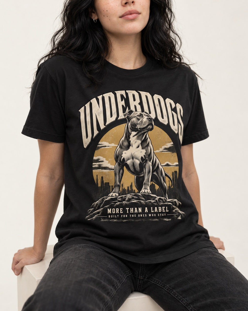 Pitbull Underdogs City Monument Graphic T-Shirt in Black, worn by a seated model