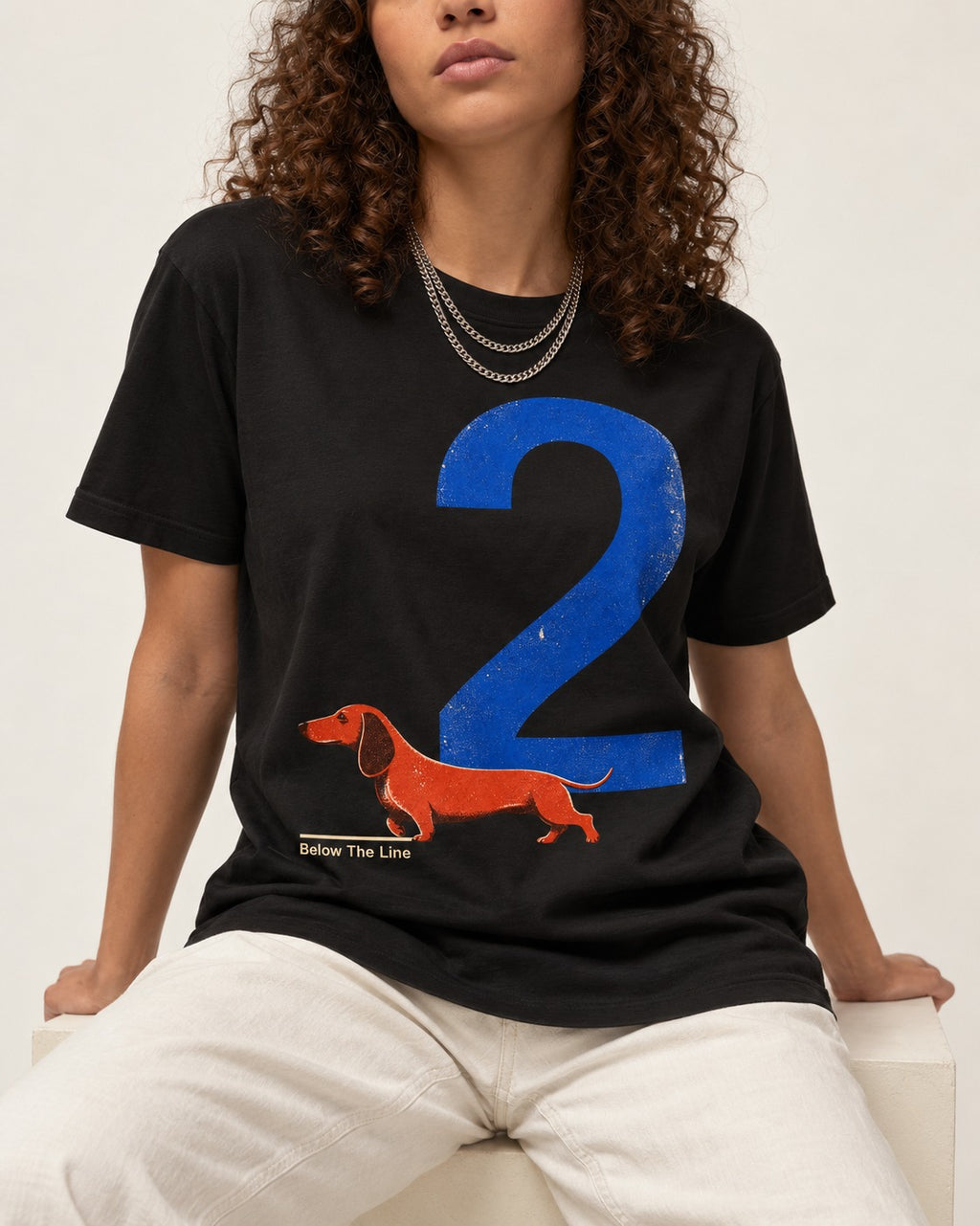 Dachshund Below The Line Number Two Graphic T-Shirt in Black, worn by a seated model