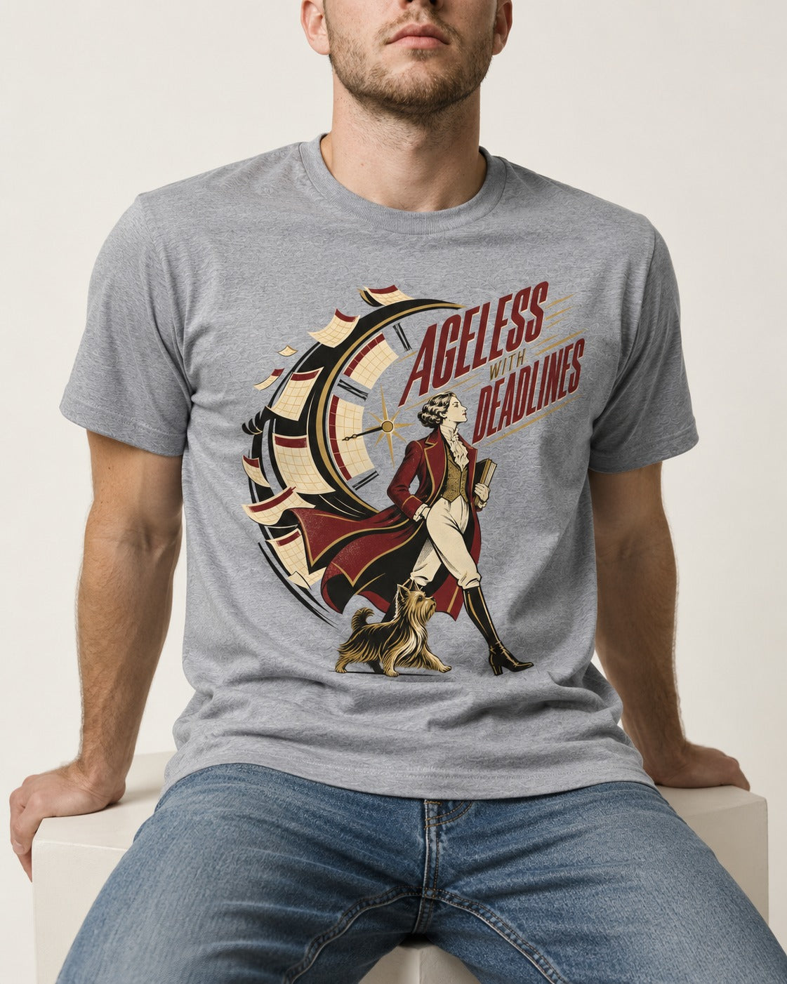 Yorkshire Terrier Ageless with Deadlines Calendar Clock Graphic T-Shirt in Sport Grey, worn by a seated model