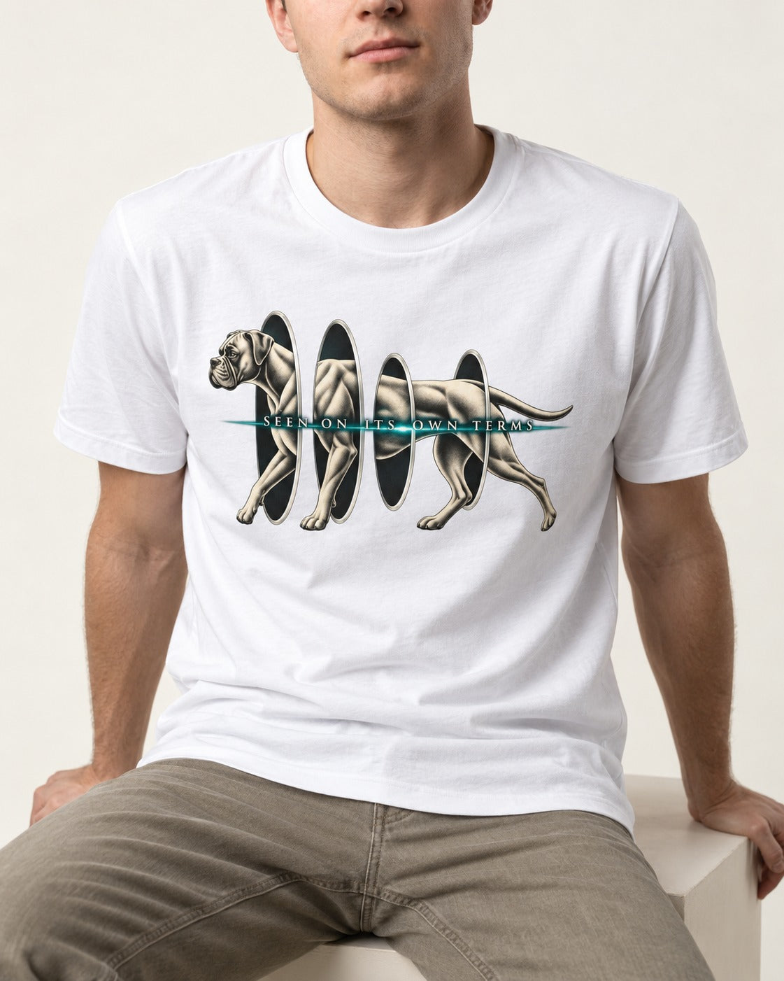 Boxer On Its Own Terms T-Shirt in White, worn by a seated model