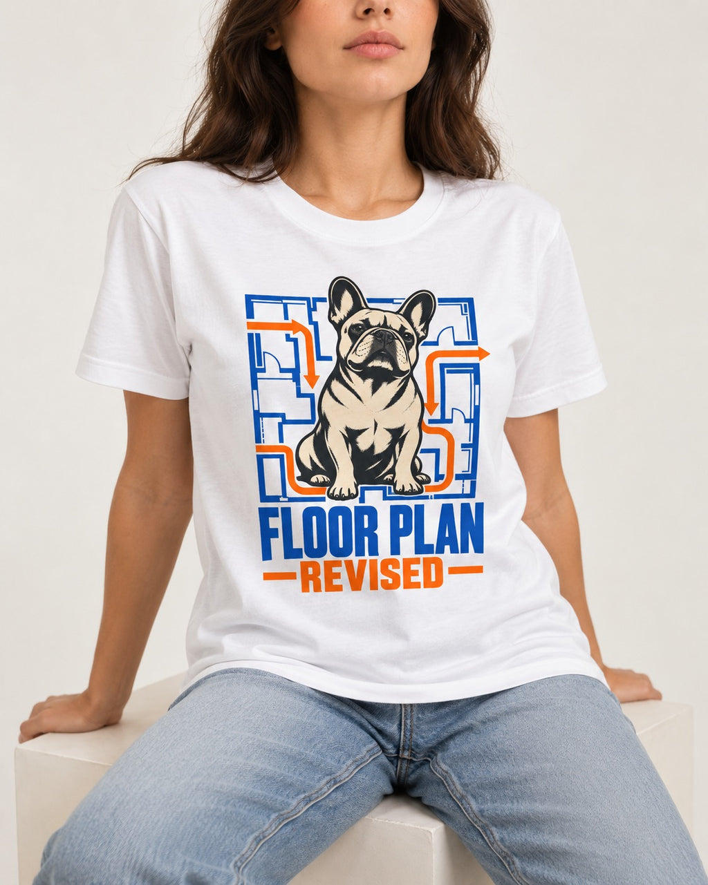Frenchie Floor Plan Revised T-Shirt in White, worn by a seated model