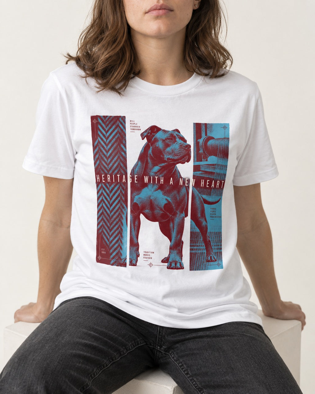 Pitbull Heritage with New Heart T-Shirt in White, worn by a seated model