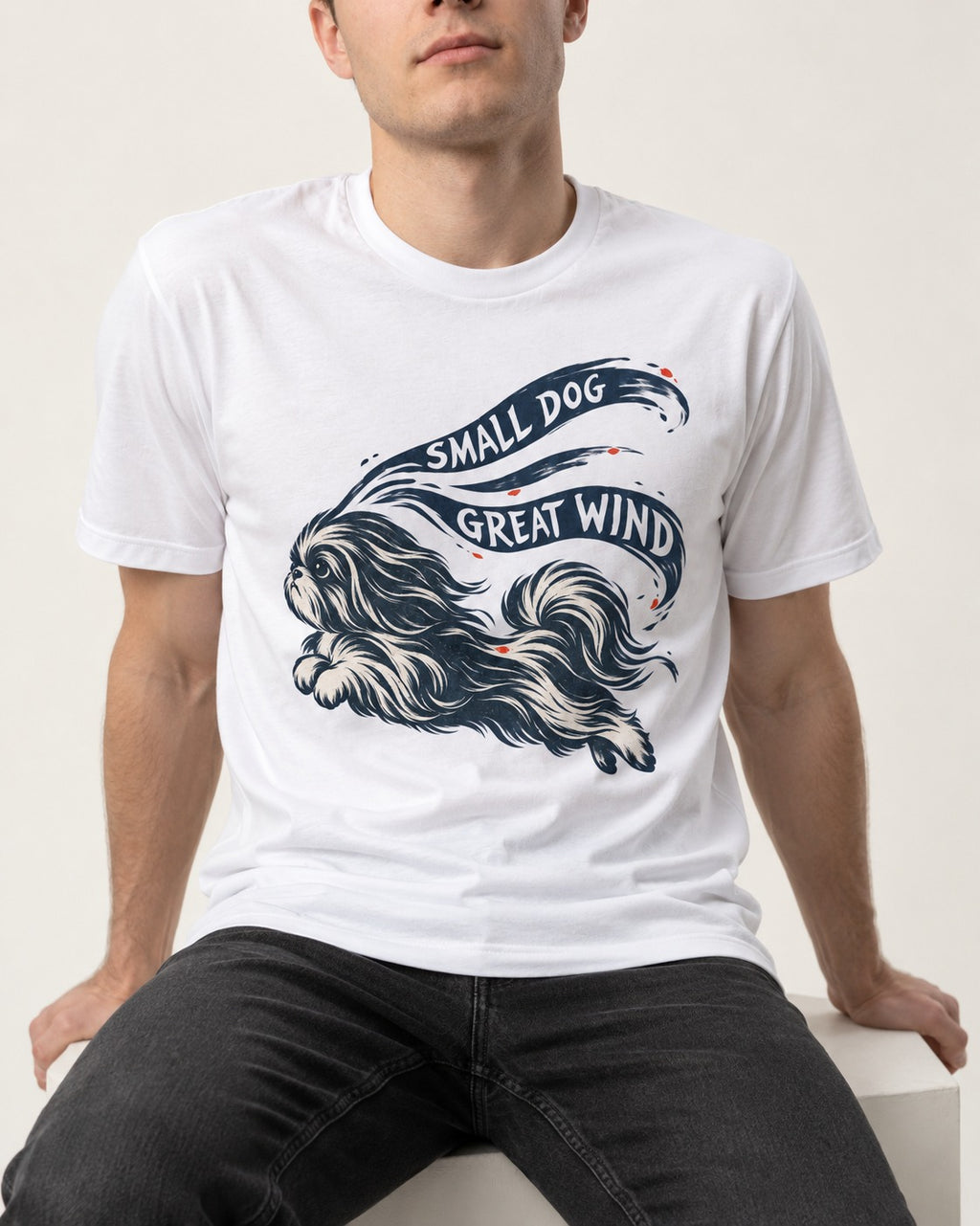 Small Shih Tzu Great Wind T-Shirt in White, worn by a seated model