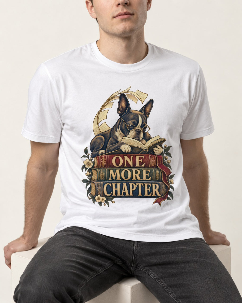 One More Chapter Boston Terrier T-Shirt in White, worn by a seated model