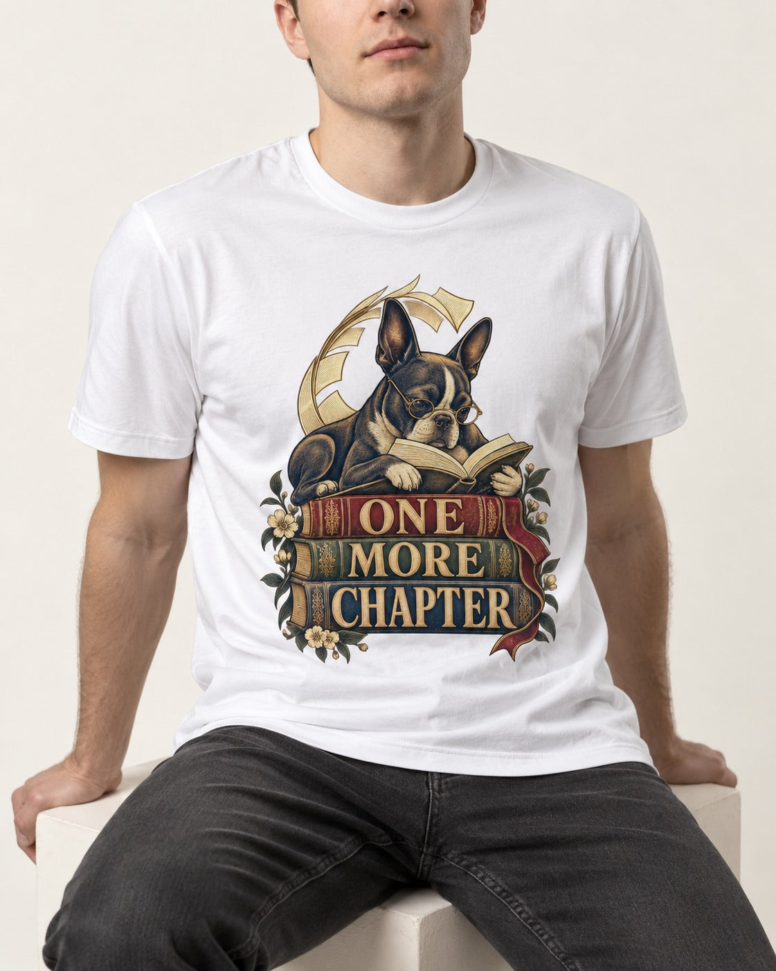 One More Chapter Boston Terrier T-Shirt in White, worn by a seated model
