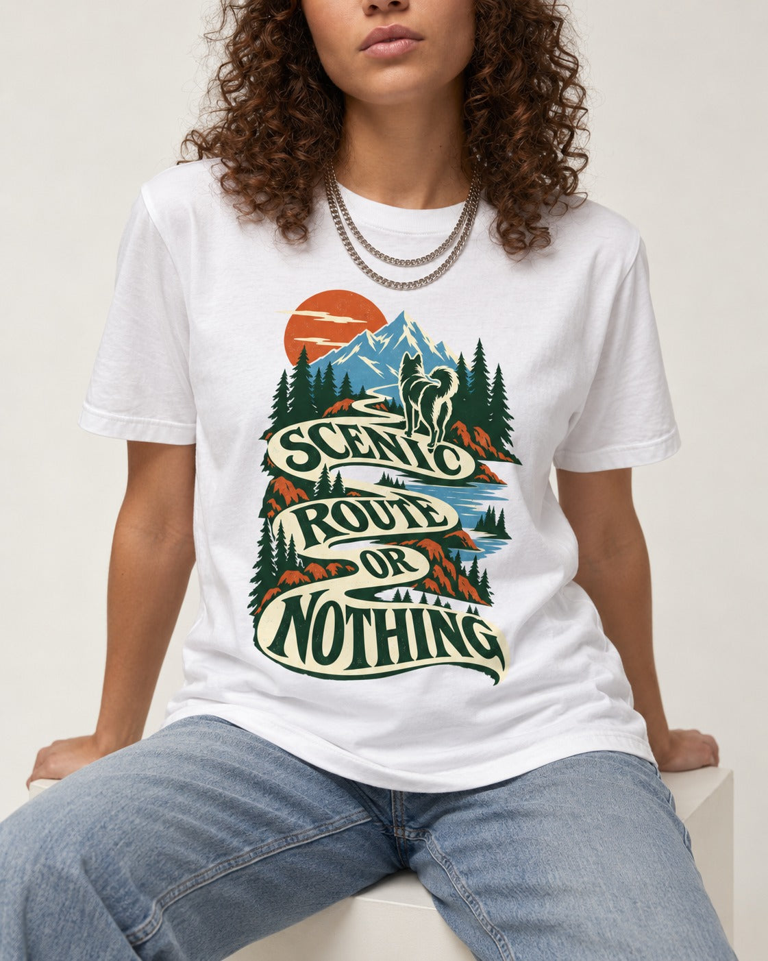 Husky Scenic Route or Nothing T-Shirt in White, worn by a seated model