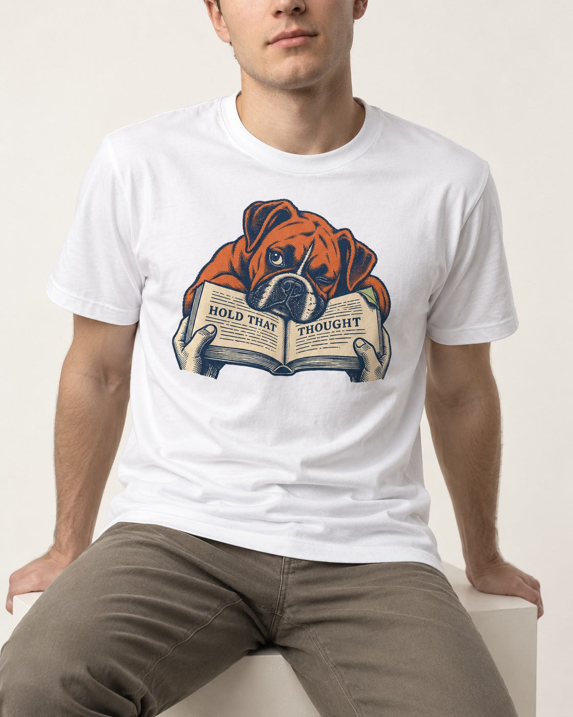 Boxer Hold That Thought T-Shirt in White, worn by a seated model