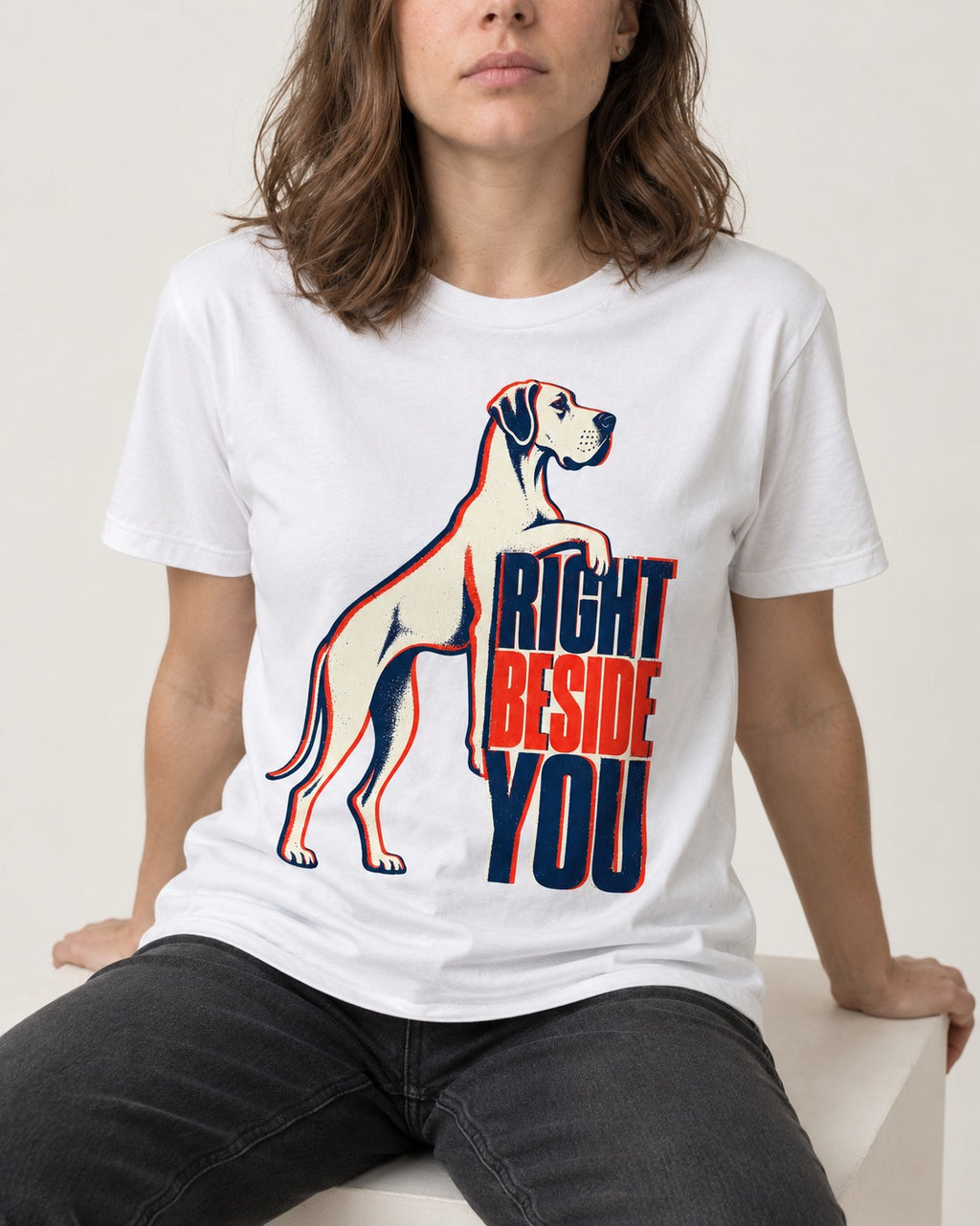 Great Dane Right Beside You T-Shirt in White, worn by a seated model