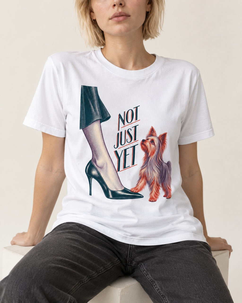 Not Just Yet Yorkshire Terrier T-Shirt in White, worn by a seated model