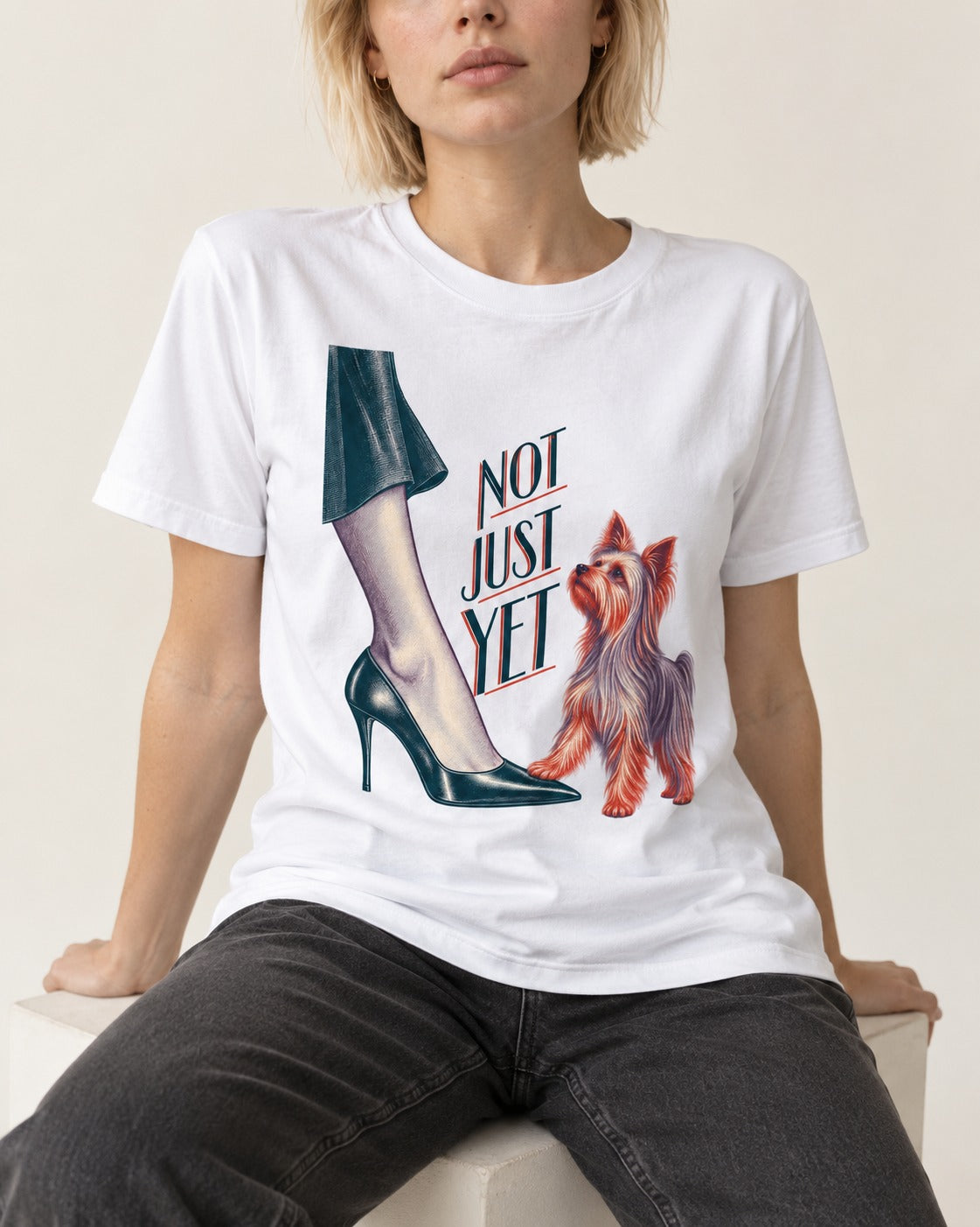 Not Just Yet Yorkshire Terrier T-Shirt in White, worn by a seated model