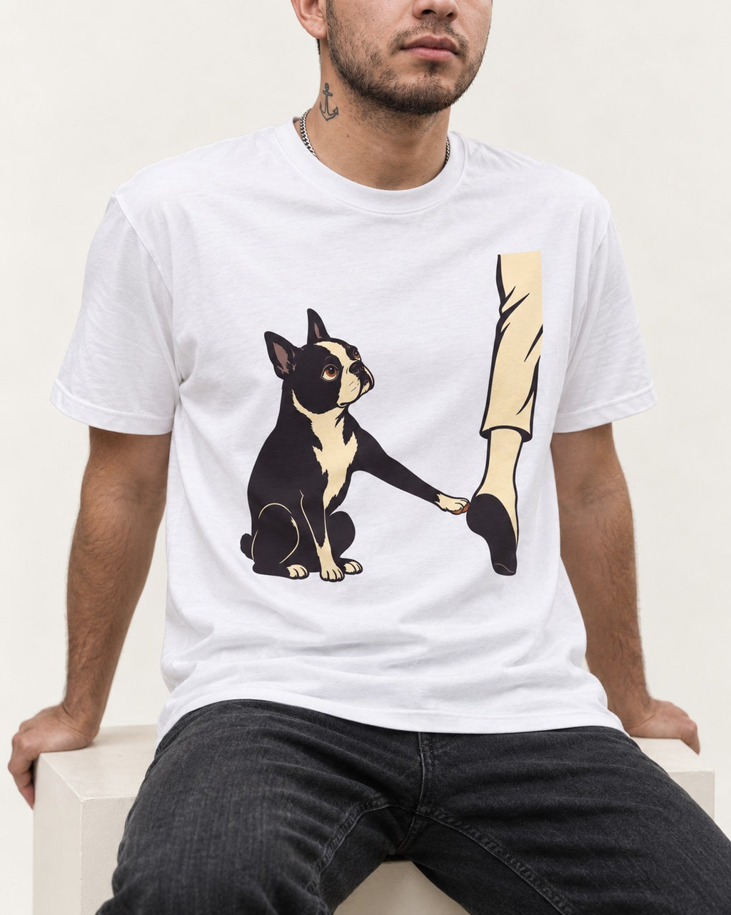 Boston Terrier Stay with Me T-Shirt in White, worn by a seated model