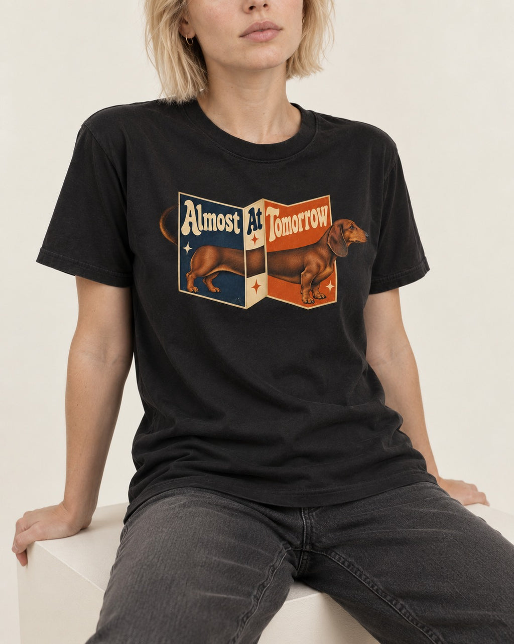 Dachshund Almost At Tomorrow Folding Screen Graphic T-Shirt in Black, worn by a seated model
