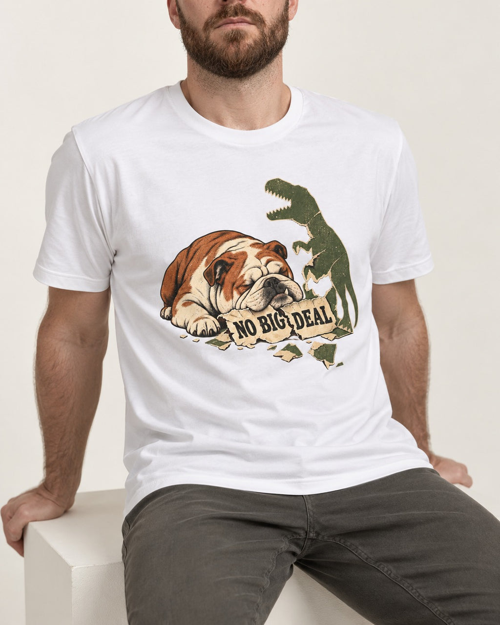 English Bulldog No Big Deal T-Shirt in White, worn by a seated model