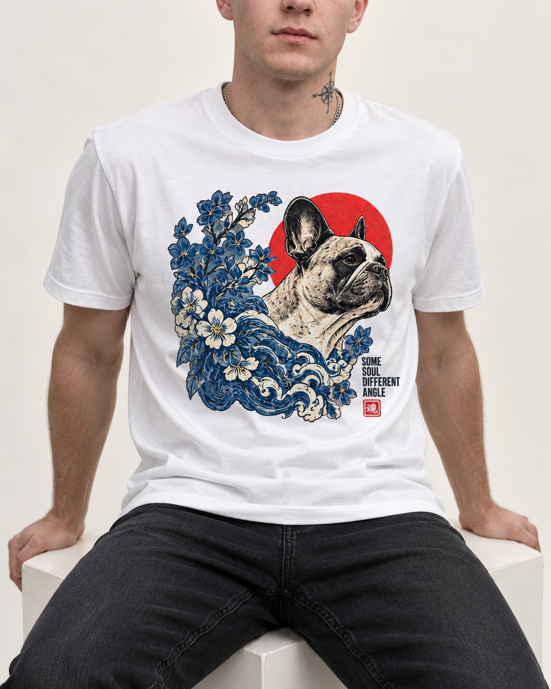 Some Soul Different Angle Frenchie T-Shirt in White, worn by a seated model