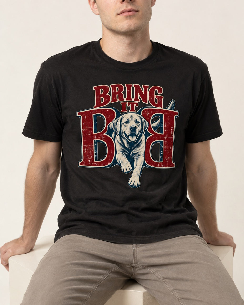 Labrador Retriever Bring It Opposing B Portrait Graphic T-Shirt in Black, worn by a seated model