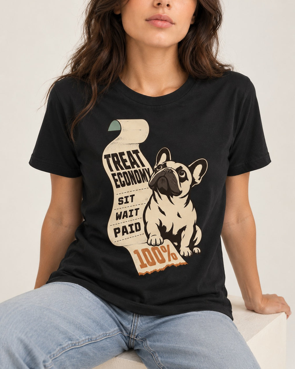Frenchie Treat Economy Sit Wait Paid Receipt Graphic T-Shirt in Black, worn by a seated model
