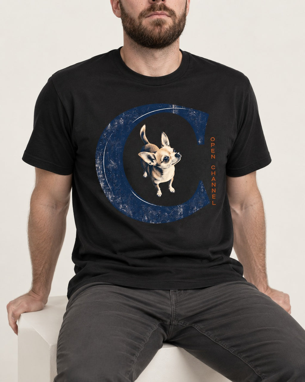 Chihuahua Open Channel T-Shirt in Black, worn by a seated model