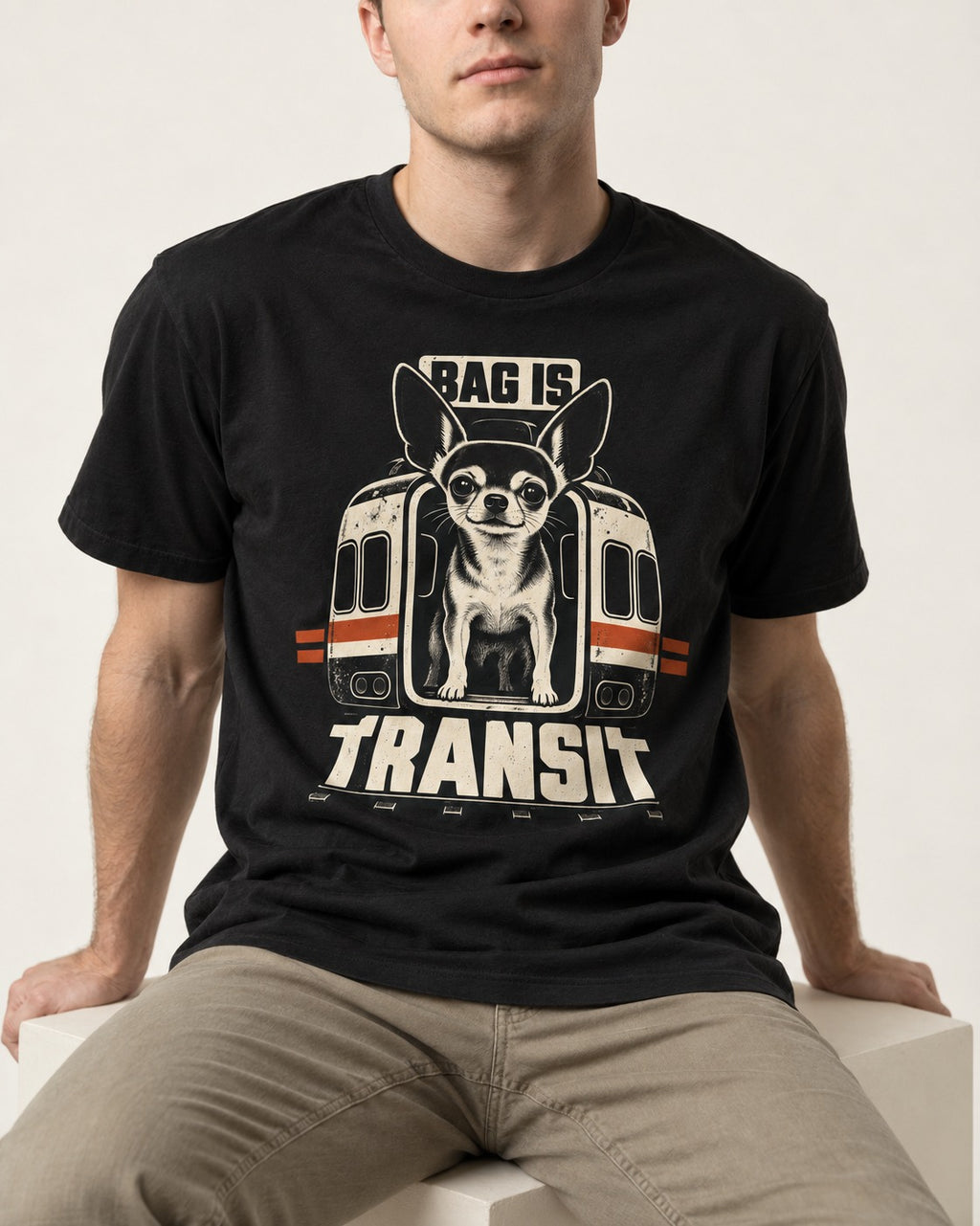 Chihuahua Bag Is Transit Train Front Graphic T-Shirt in Black, worn by a seated model