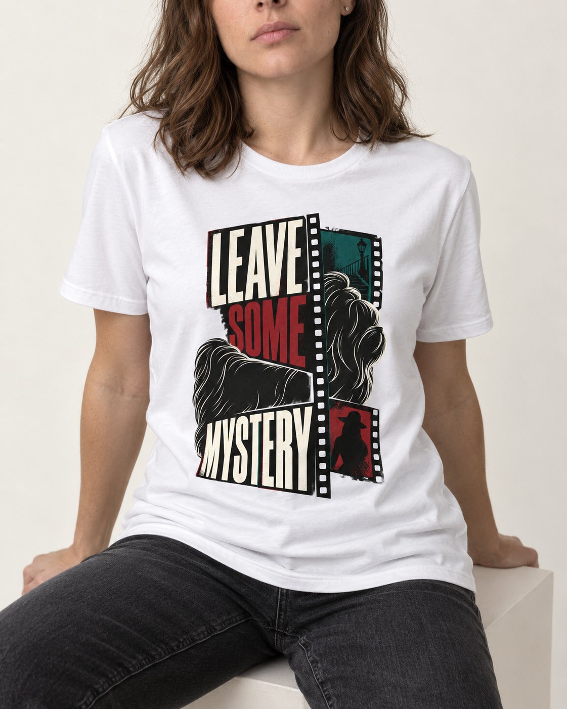 Leave Some Mystery Shih Tzu T-Shirt in White, worn by a seated model