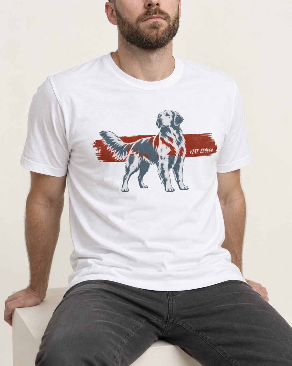 Fine Enough Golden Retriever T-Shirt in White, worn by a seated model