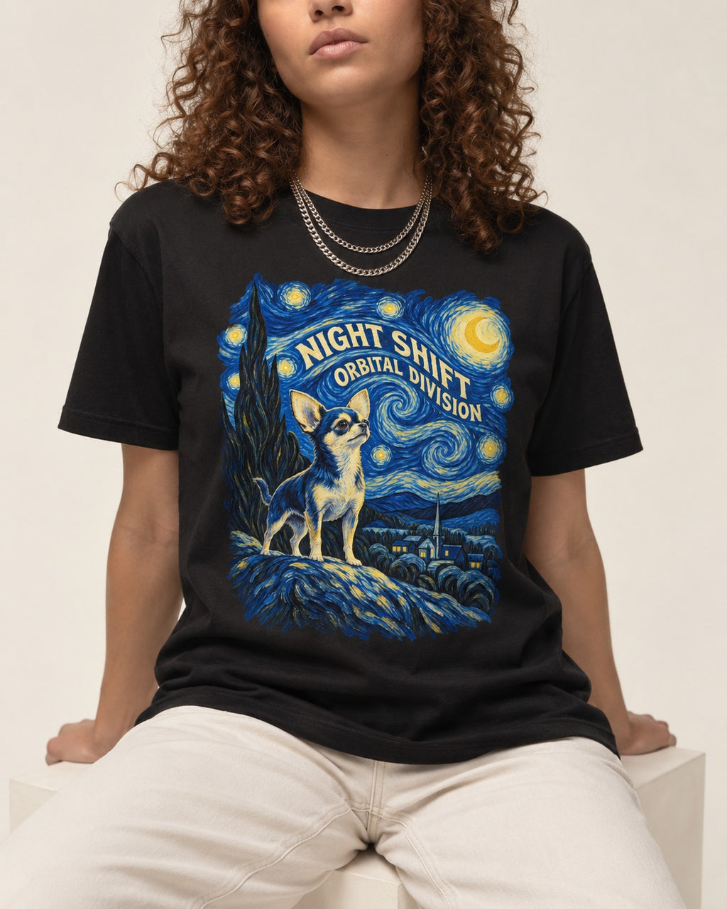 Chihuahua Night Shift Orbital Division Starry Night Graphic T-Shirt in Black, worn by a seated model