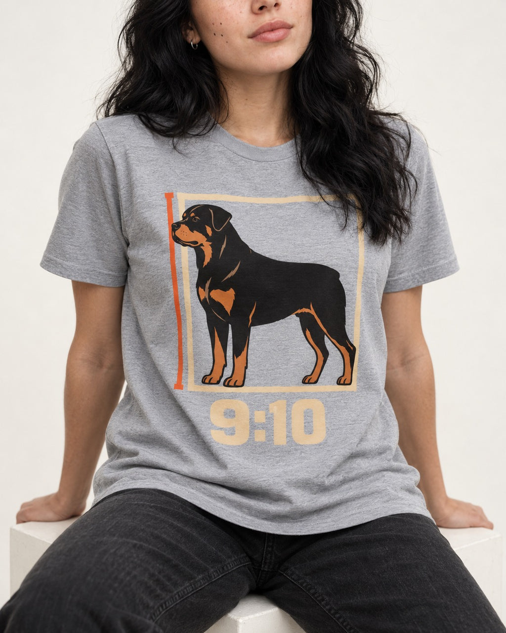 Nine Ten Rottweiler Proportion Frame Graphic T-Shirt in Sport Grey, worn by a seated model
