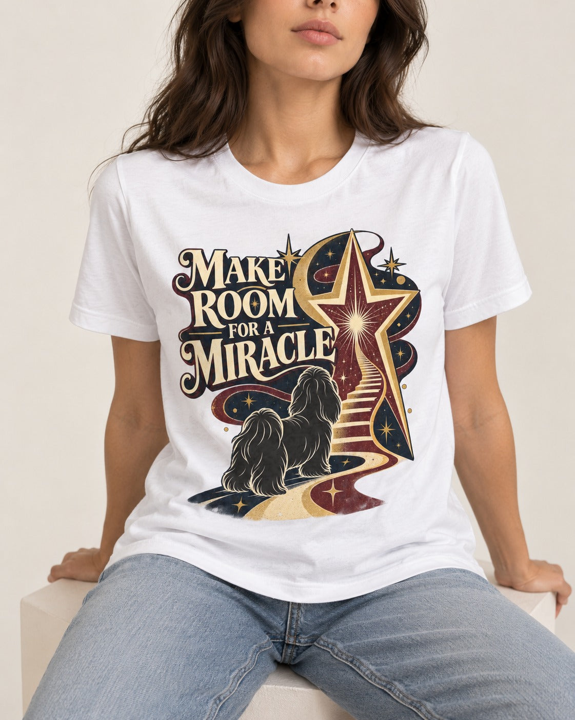 Room for a Shih Tzu Miracle T-Shirt in White, worn by a seated model