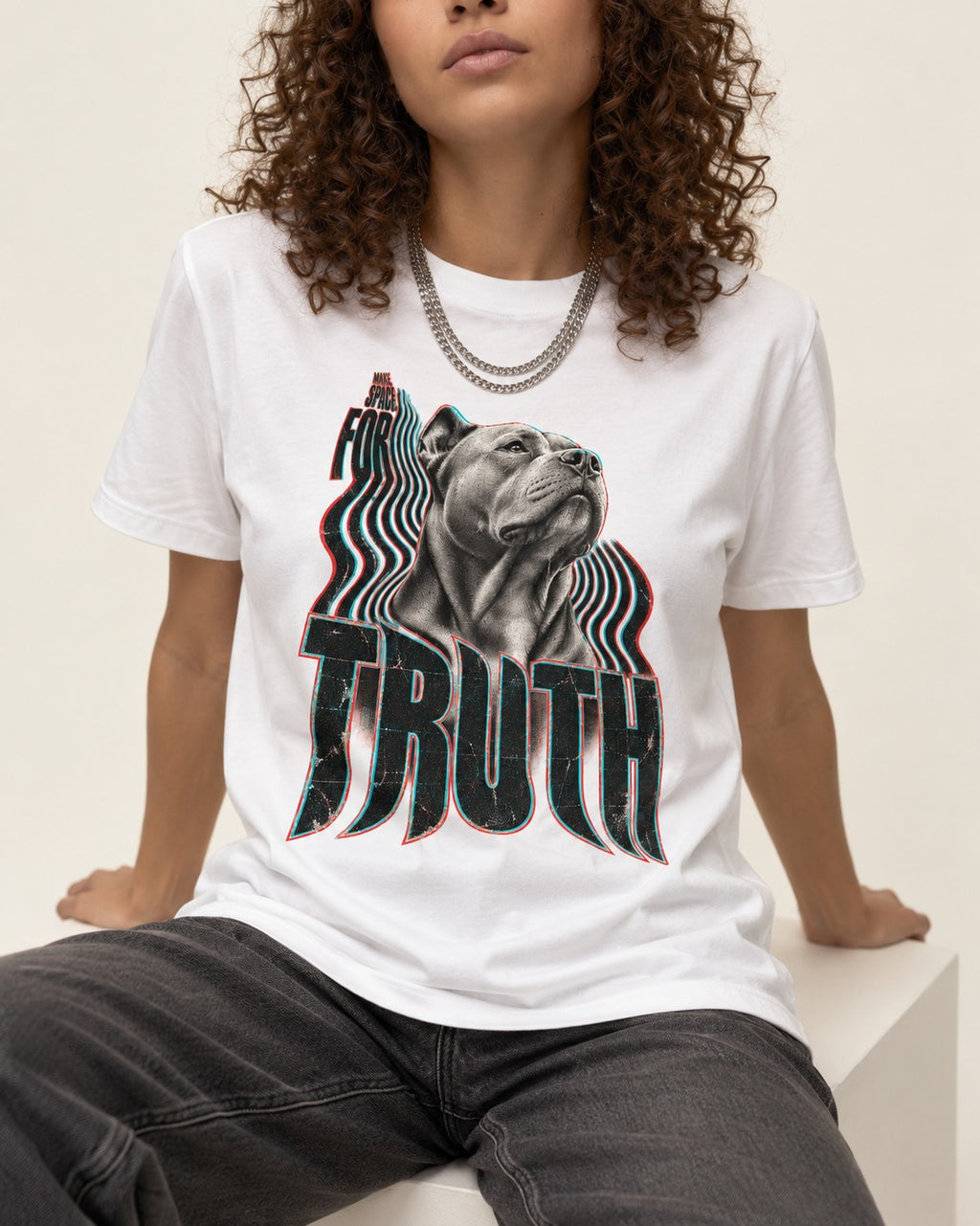 Pitbull Truth T-Shirt in White, worn by a seated model