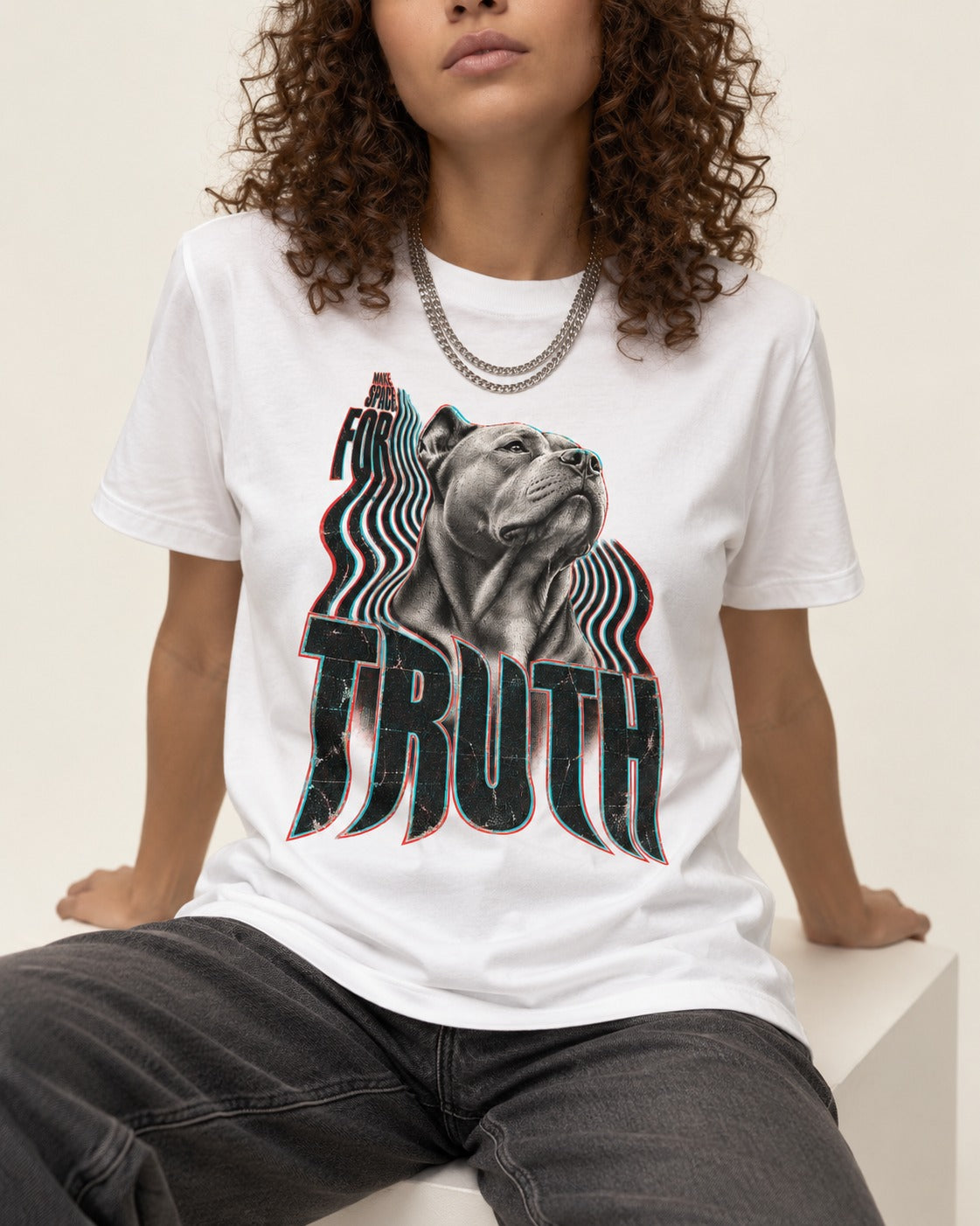 Pitbull Truth T-Shirt in White, worn by a seated model