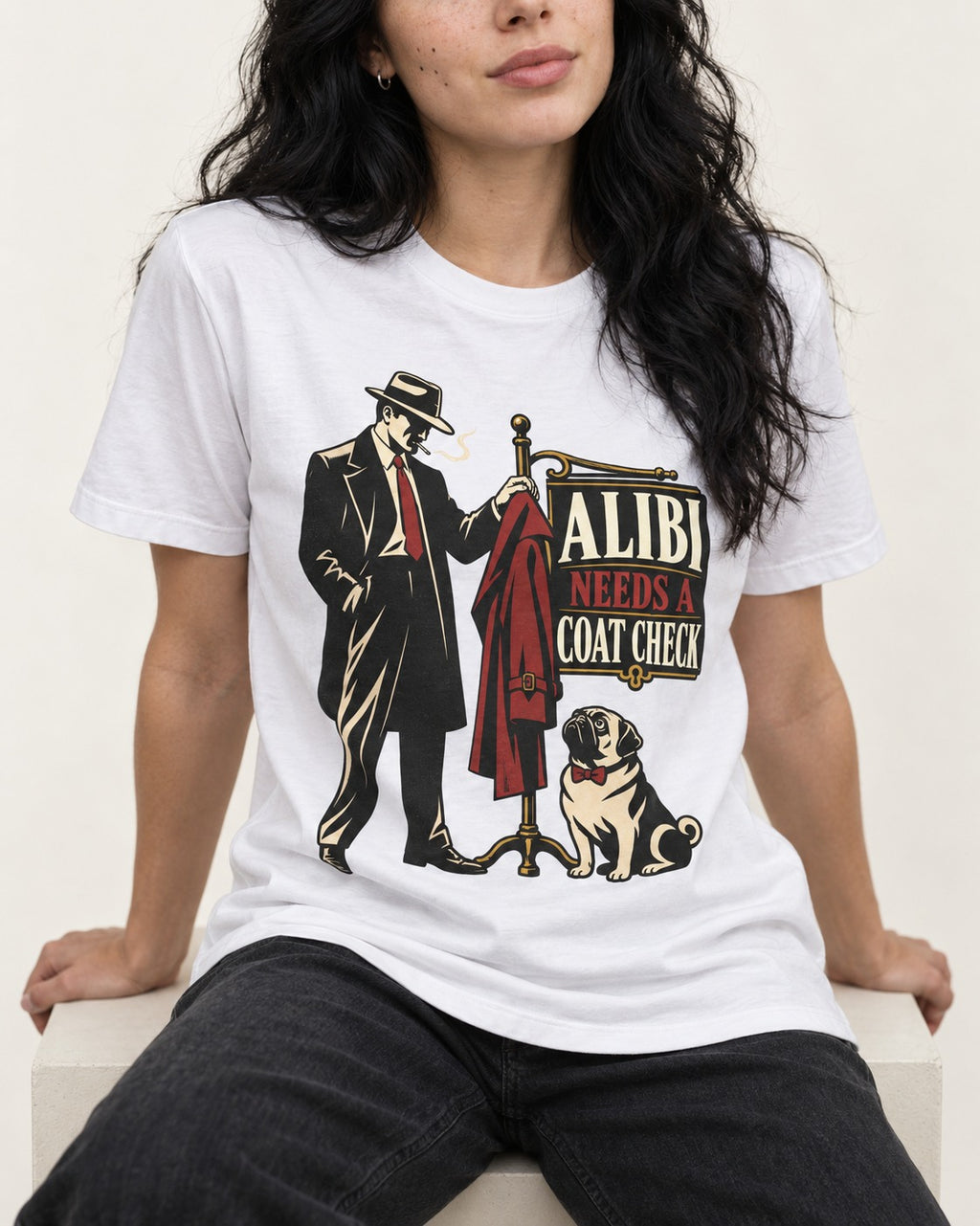 Pug Alibi Needs Coat Check T-Shirt in White, worn by a seated model