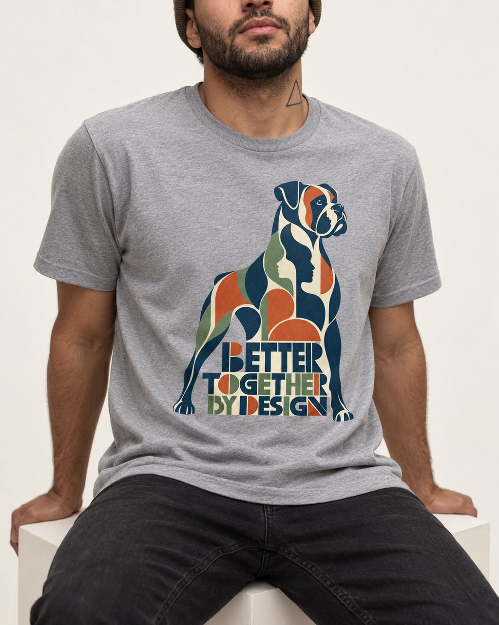 Better Together By Design Boxer Geometric Mosaic T-Shirt in Sport Grey, worn by a seated model