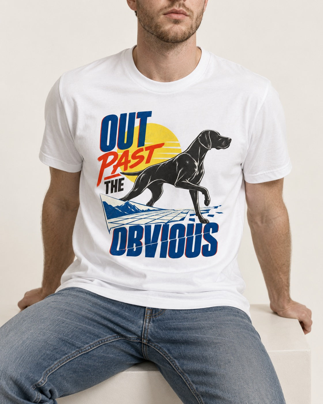 Out Past the Obvious German Shorthaired Pointer T-Shirt in White, worn by a seated model