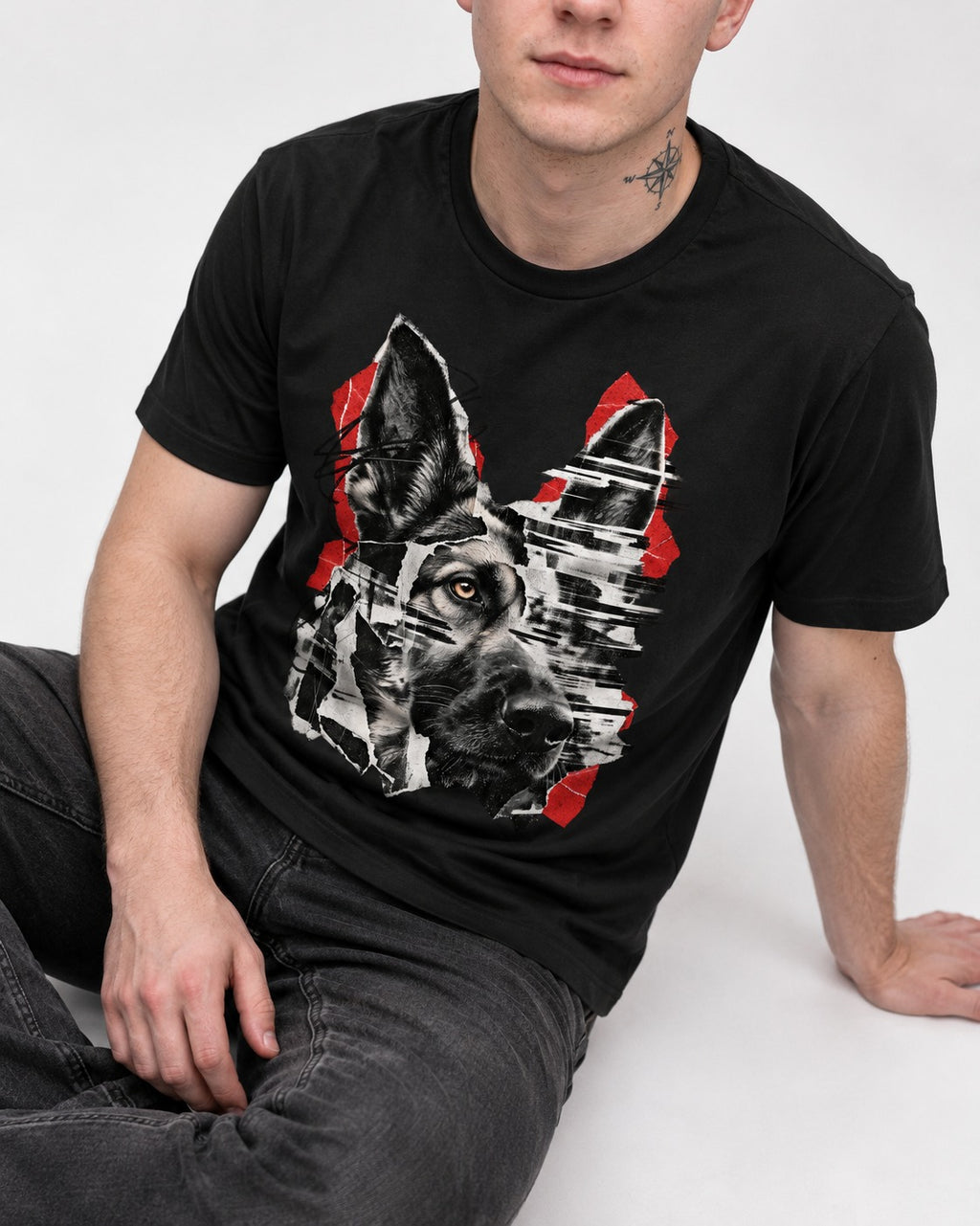 Black Signal Torn Collage German Shepherd Dog Portrait Graphic T-Shirt in Black, worn by a seated model