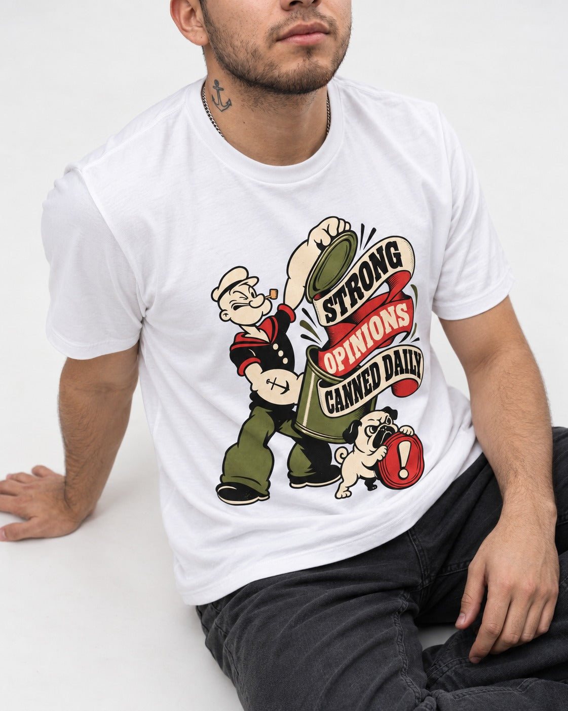 Pug Strong Opinions T-Shirt in White, worn by a seated model