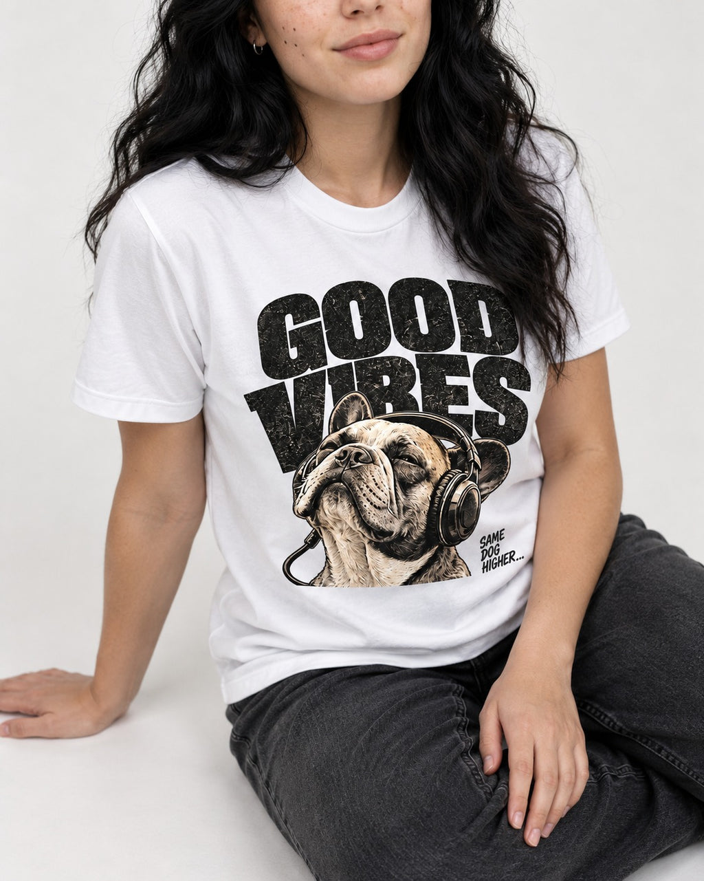 Frenchie Good Vibes T-Shirt in White, worn by a seated model