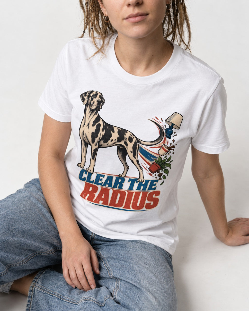Great Dane Clear the Radius T-Shirt in White, worn by a seated model