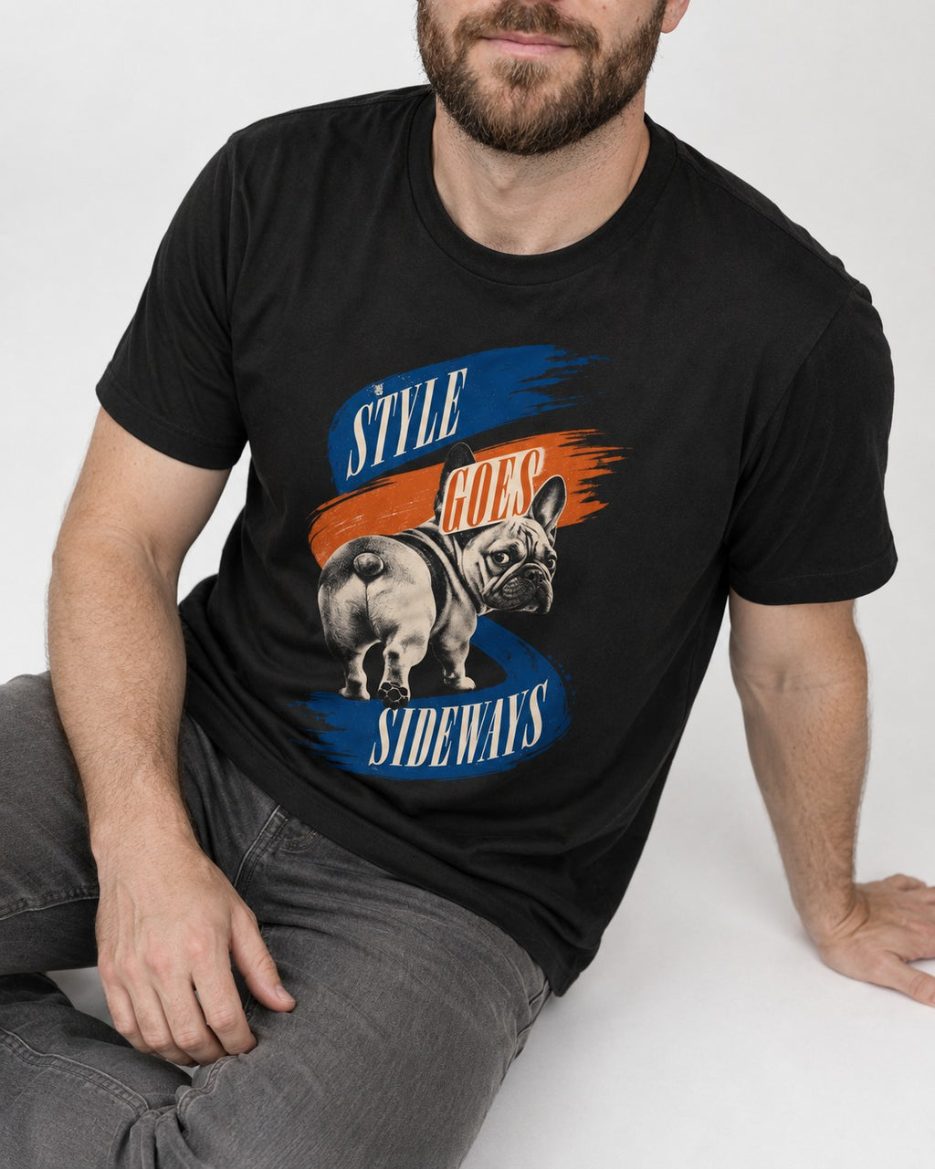 Frenchie Style Goes Sideways Graphic T-Shirt in Black, worn by a seated model