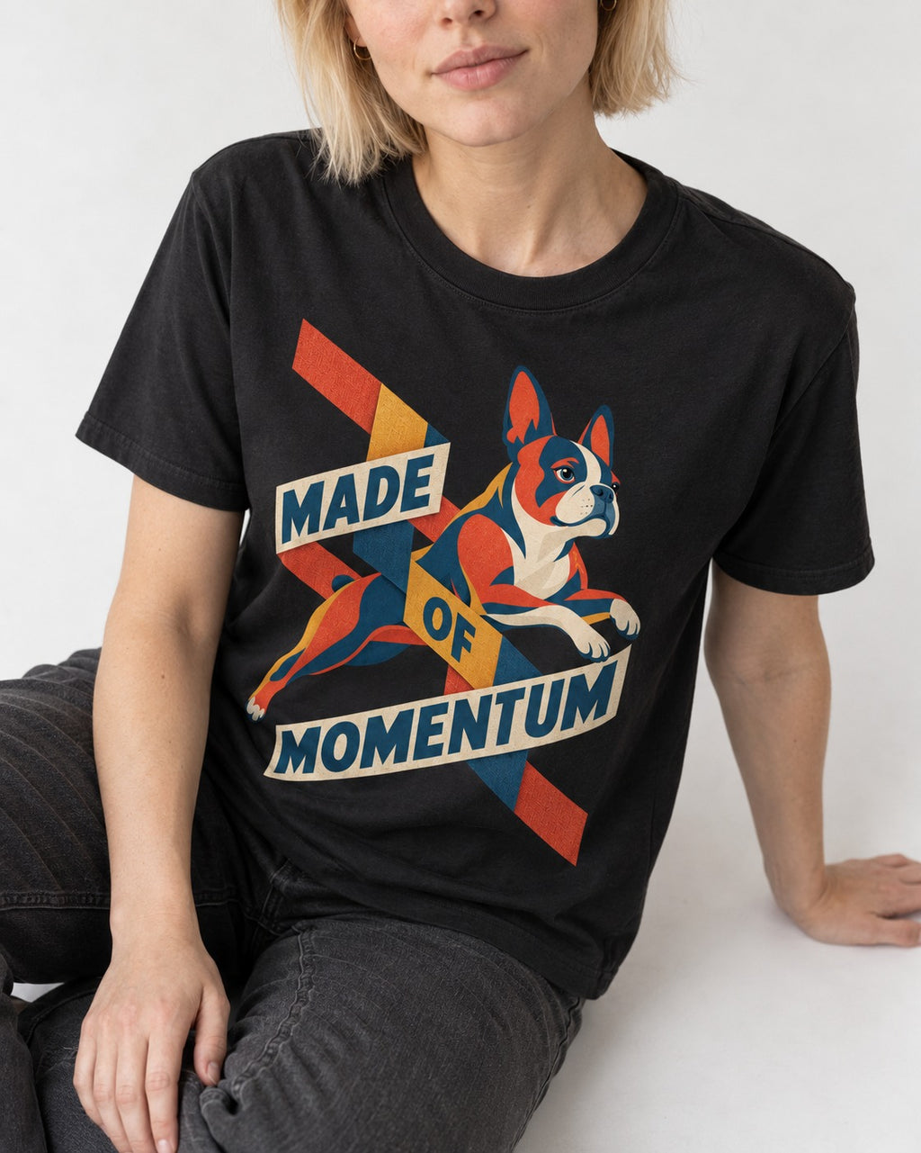 Made of Momentum Boston Terrier T-Shirt in Black, worn by a seated model