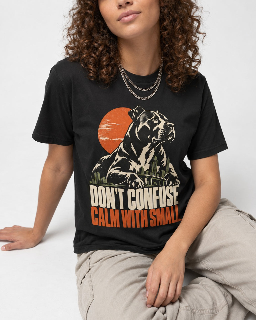 Pitbull Don't Confuse Calm with Small City Guardian Graphic T-Shirt in Black, worn by a seated model