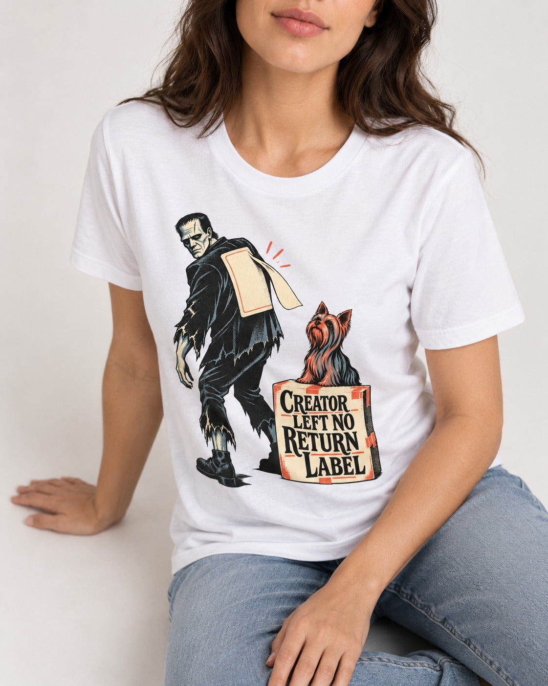 No Return Label Yorkshire Terrier T-Shirt in White, worn by a seated model