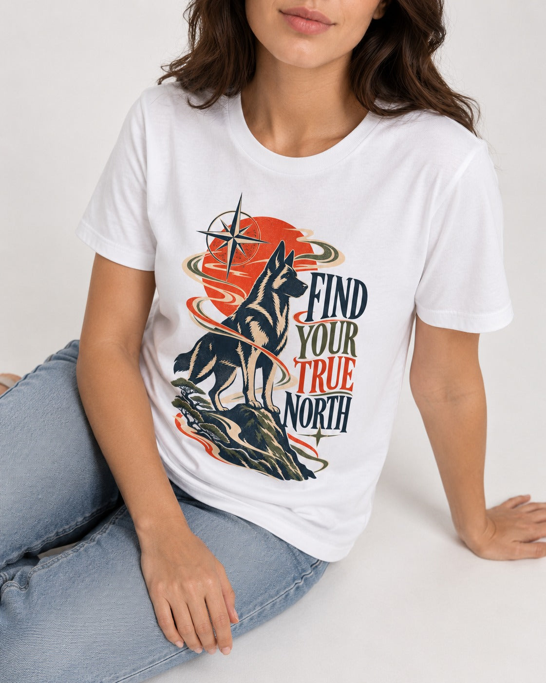 Find Your True North German Shepherd Dog T-Shirt in White, worn by a seated model