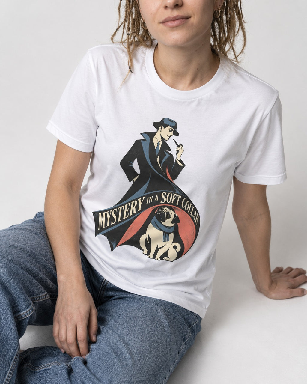 Pug Soft Collar Mystery T-Shirt in White, worn by a seated model