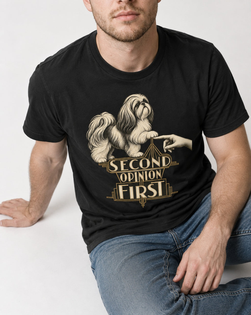 Shih Tzu Second Opinion First Art Deco Graphic T-Shirt in Black, worn by a seated model