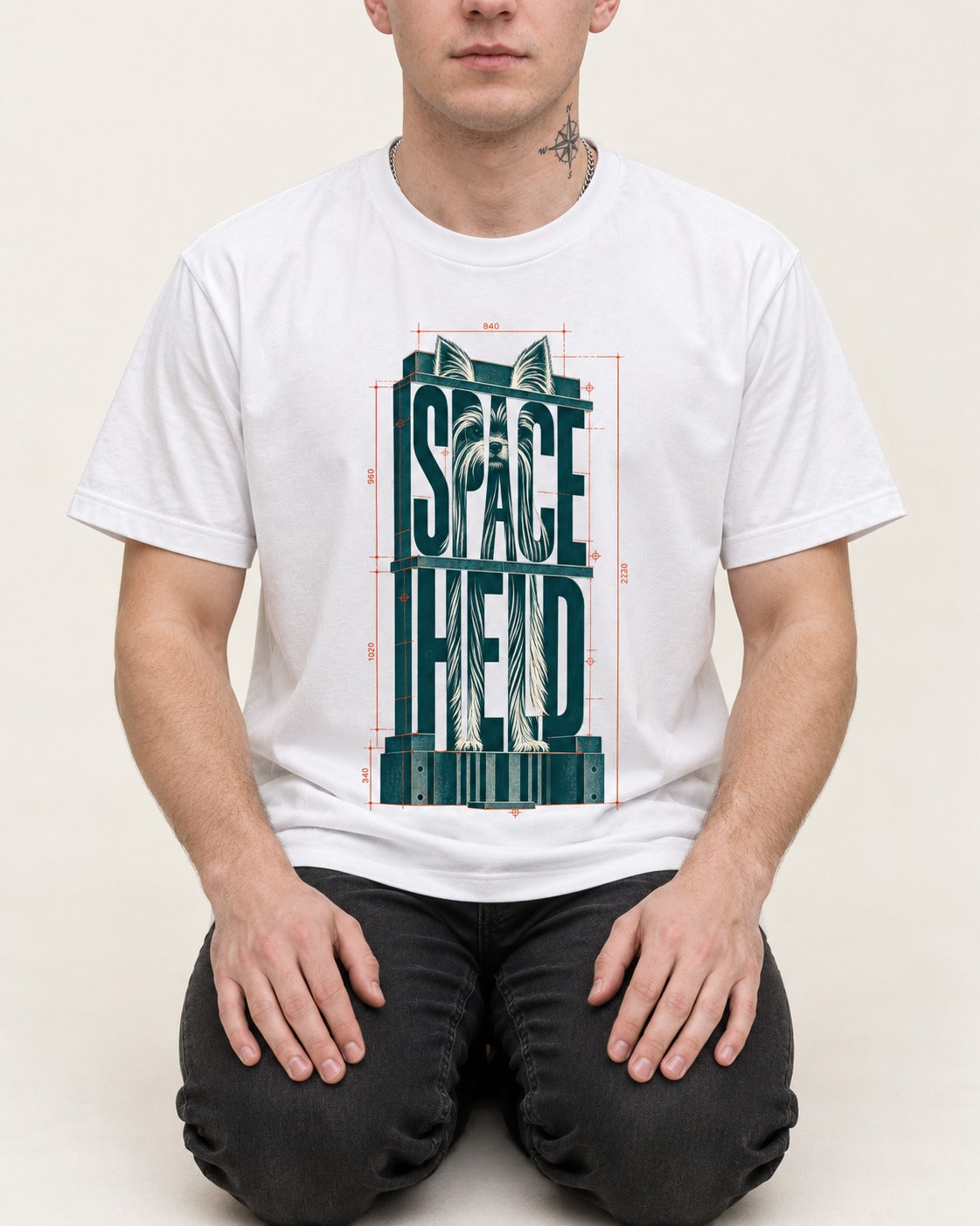 Yorkshire Terrier Space Head T-Shirt in White, worn by a seated model